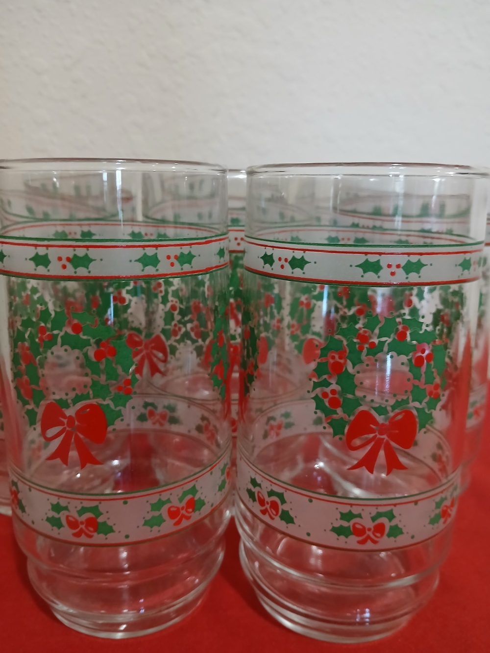 Eight Holiday Holly & Bow Glass Tumblers - Clear with Red and Green Accents